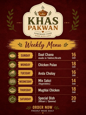 Khobar, Food, SAR 14,  Homemade Food - Weekly Menu - Daily Available
