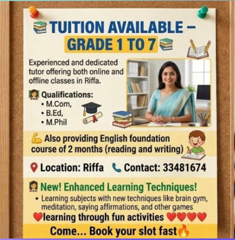 Riffa, Lessons Offered, TUITION AVAILABLE &ndash; GRADE 1 TO 7