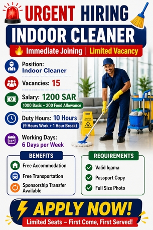 Riyadh, Jobs, URGENT HIRING &ndash; INDOOR CLEANER