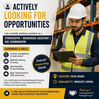 Riyadh, Job Seekers, Storekeeper / Warehouse Assistant / HSE Coordinator