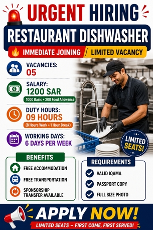 Riyadh, Jobs, URGENT HIRING &ndash; RESTAURANT DISHWASHER