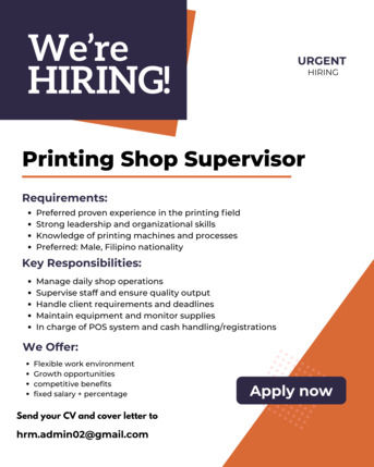 Manama, Jobs, Hiring A Printing Shop Supervisor