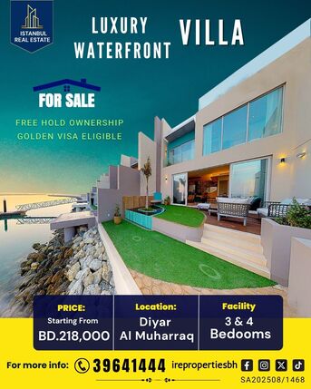 Muharraq, Apartments, Flats, Houses & Villas, Brand New Luxury Waterfront Villa For Sale In Diyar Al Muharraq BD.218,000/- Starting