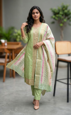 Chennai, Clothing & Accessories, INR 2125,  Straight Cut Kurti With Pant & Dupatta In Art Silk | Buy Today
