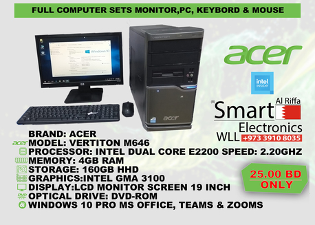 Riffa, Computers, BHD 25,  Acer Veriton M646 Full Desktop Set 4GB RAM Windows 10 Pro Ready To Use