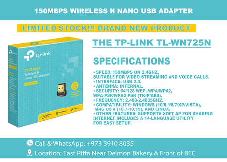 Riffa, Computers, BHD 5,  Brand New TP-Link TL-WN725N150Mbps Nano USB WiFi Adapter Sealed Pack