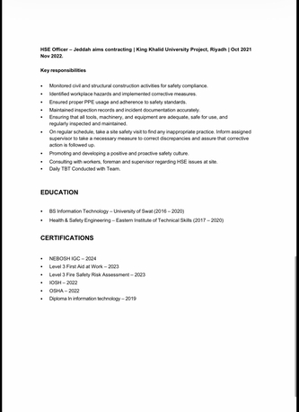 Riyadh, Job Seekers, Experienced HSE Engineer / HSE Supervisor / HSE Officer Available In Saudi Arabia