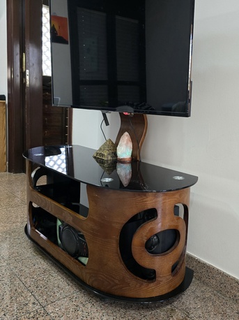 Rabigh, Furniture, SAR 250,  Wooden TV Table With Glass & Metal &ndash; Black & Brown &ndash; Good Condition