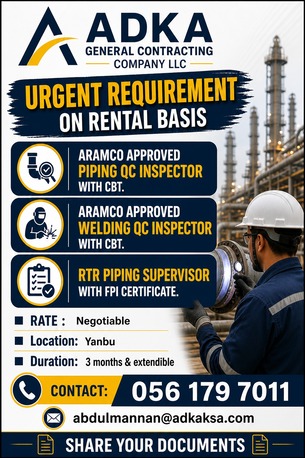 Jubail, Jobs, URGENT REQUIREMENT  04 MAY 2026  ■ ARAMCO APPROVED PIPING QC INSPECTOR WITH CBT  ■ ARAMCO