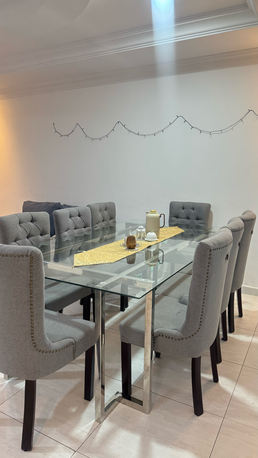 Dammam, Furniture, SAR 1750,  Dining Table With 8 Chairs. Glass Top & Fabric Chairs