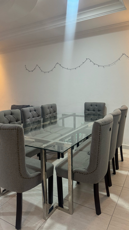 Dammam, Furniture, SAR 1750,  Dining Table With 8 Chairs. Glass Top & Fabric Chairs