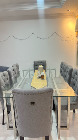 Dammam, Furniture, SAR 1750,  Dining Table With 8 Chairs. Glass Top & Fabric Chairs