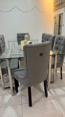Dammam, Furniture, SAR 1750,  Dining Table With 8 Chairs. Glass Top & Fabric Chairs