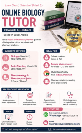 Riyadh, Lessons Offered, 👩&zwj;⚕️ Online Biology Tutor | PharmD Qualified | Classes 9&ndash;12