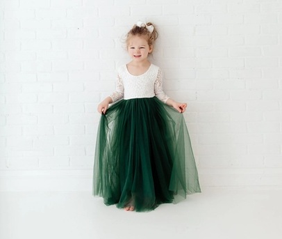 New York, Clothing & Accessories, USD 90,  Long Sleeve White Lace Flower Girl Dress, Hunter Green Tulle Wedding Gown For Girls