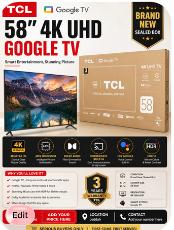Makkah, Electronics, SAR 1250,  58Inch UHDTV By TCL For Sale (Brand New Unbix)
