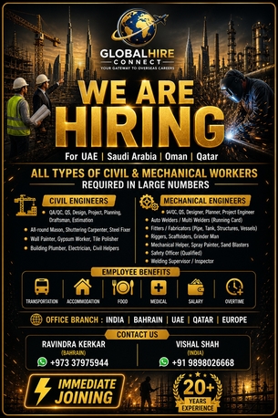 Dubai, Jobs, ALL TYPES OF CIVIL & MECHANICAL WORKERS ARE REQUIRED IN LARGE NUMBERS.
