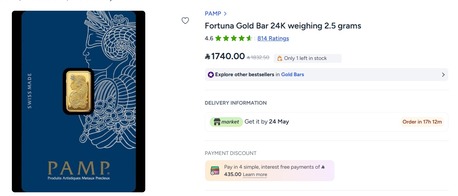 Jubail, Jewelry, SAR 1650,  Fortuna Gold Bar 24K Weighing 2.5 Grams
