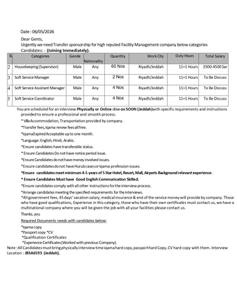 Jeddah, Jobs, Housekeeping Supervisor