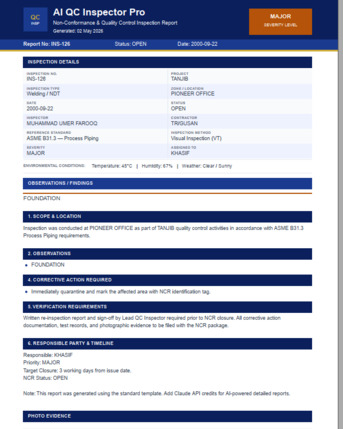 Dammam, Software Development, AI QC Inspection & NCR Reporting App For Aramco Projects