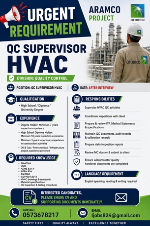 Jubail, Jobs, QC Supervisor HVAC (Aramco)