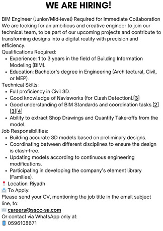 Riyadh, Jobs, BIM Engineer (Junior/Mid-level) Required For Immediate Collaboration