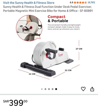 Khobar, Sporting Goods, SAR 279,  Sunny Health & Fitness Under Desk Pedal Exercise