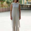 INR 1165,  Buy Women's Off White Cotton Boat Neck Sleeveless Kurta Set With Trousers Online