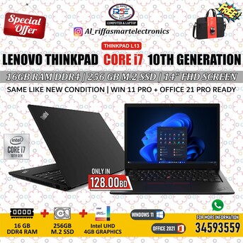 Manama, Computers, BHD 128,  Lenovo ThinkPad I7 10th Generation Laptop Like New 16GB RAM M.2 256GB SSD 13.3" FHD Screen