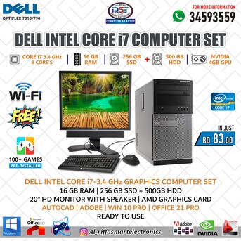 Manama, Computers, BHD 83,  Special Offer DELL Core I7 Computer AMD GPU 16GB RAM 20" Monitor + Speaker 120GB SSD+500GB