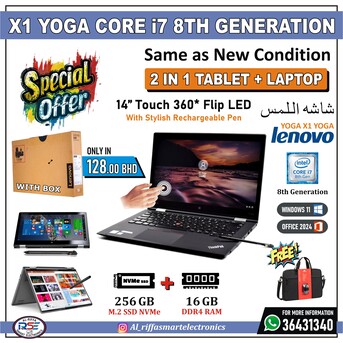 Manama, Computers, BHD 128,  LENOVO YOGA Core I7 8th Gen Touch 360* Flip Laptop + Tablet With Pen 14" FHD Touch Screen