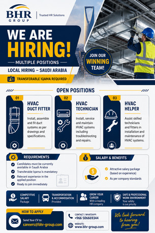 Khobar, Jobs, Multiple HVAC Candidates Required (Local Hiring)