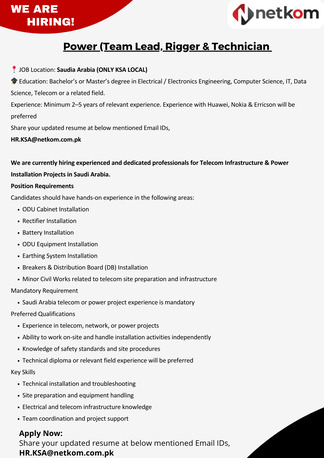 Riyadh, Jobs, Power (Team Lead, Rigger & Technician