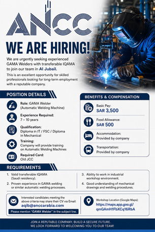 Jubail, Jobs, Urgent Requirement For Expatriates &ndash; GAMA Welder (Transferable IQAMA)
