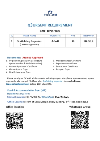 Jubail, Jobs, Scaffolding Inspector (Aramco Approved)