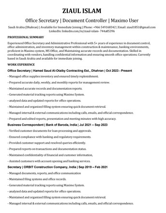 Dammam, Job Seekers, Office Secretary | Document Controller | Admin Coordinator | Maximo User