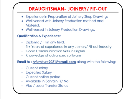 Salmabad, Jobs, DRAUGHTSMAN WITH JOINERY / FIT-OUT EXPERIENCE ONLY