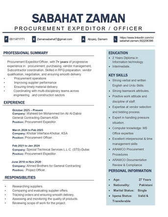 Khobar, Job Seekers, Looking For A Job As A Procurement Officer