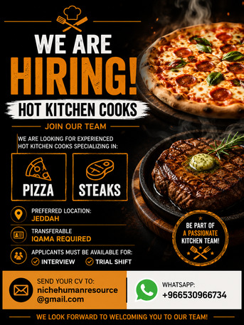 Al Nahda, Jobs, Hot Kitchen Cooks - Pizza And Steaks