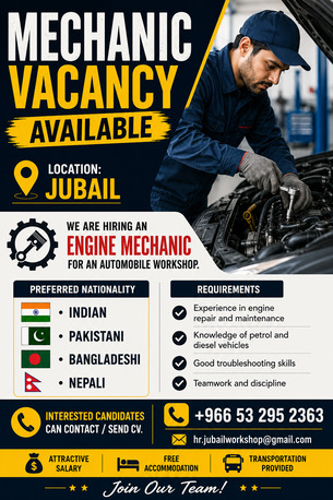 Jubail, Jobs, Mechanic Engine And General For An Automobile Work Shop