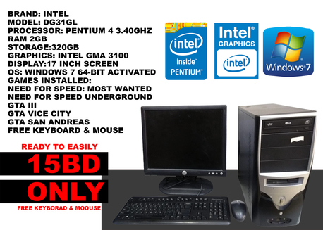 Riffa, Computers, BHD 15,  Intel Pentium 4 3.40GHz 2GB/320GB 17inch Monitor Mouse & Keyboard
