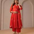 INR 1725,  Buy Women's Bold Red Feeding Maternity Silk Kurta Sets With Pants Online