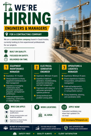 Riyadh, Jobs, Equipment Maintenance Manager, Electrical Generator Engineer & Operations & Logistics Mana
