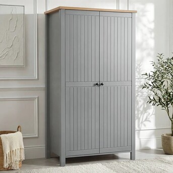 London, Furniture, GBP 119,  Linra Grey Painted 2 Door Wardrobe With Shelves, Oak Top, W97.5 X D55.5 X H186cm