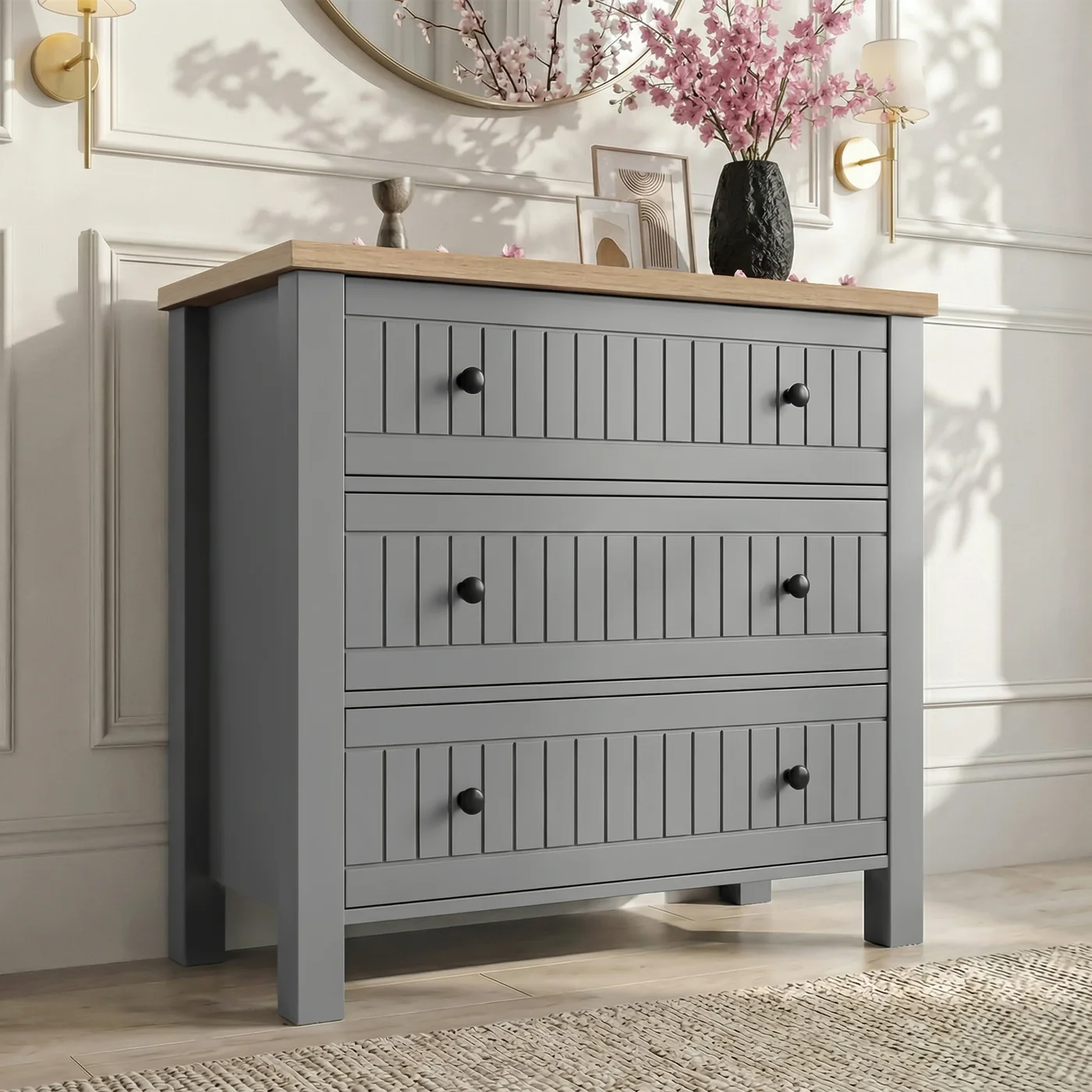 London, Furniture, GBP 0109,  Linra Grey Painted 3 Drawer Chest Of Drawers, Oak Veneer Top, W83 X D42 X H80cm