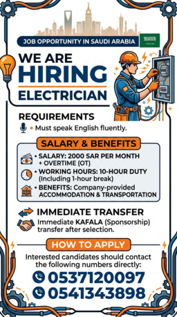 Riyadh, Jobs, Urgent Need Electrition Technician