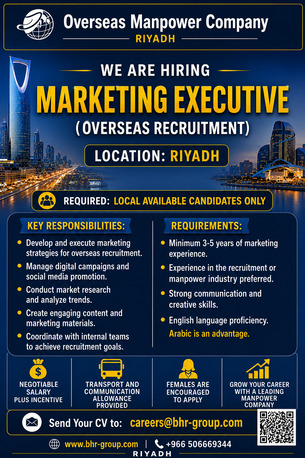 Riyadh, Jobs, REQUIRED "MARKETING SPECIALIST" FOR OVERSEAS RECRUITMENT
