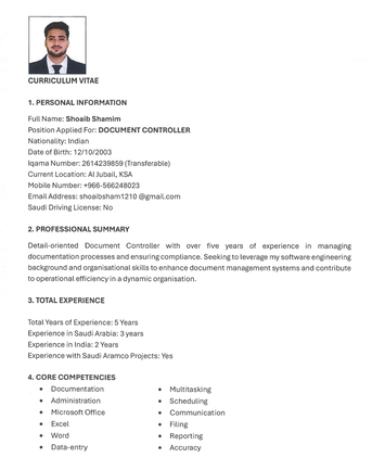 Jubail, Job Seekers, Document Controller