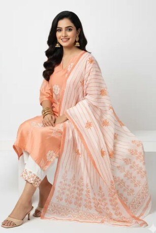 New Delhi, Clothing & Accessories, INR 1699,  Summer Special: Peach Floral Kurta Set With Dupatta &ndash; Shop At Rs. 1,699