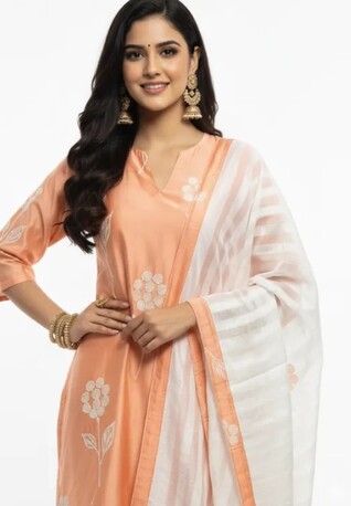 New Delhi, Clothing & Accessories, INR 1699,  Summer Special: Peach Floral Kurta Set With Dupatta &ndash; Shop At Rs. 1,699